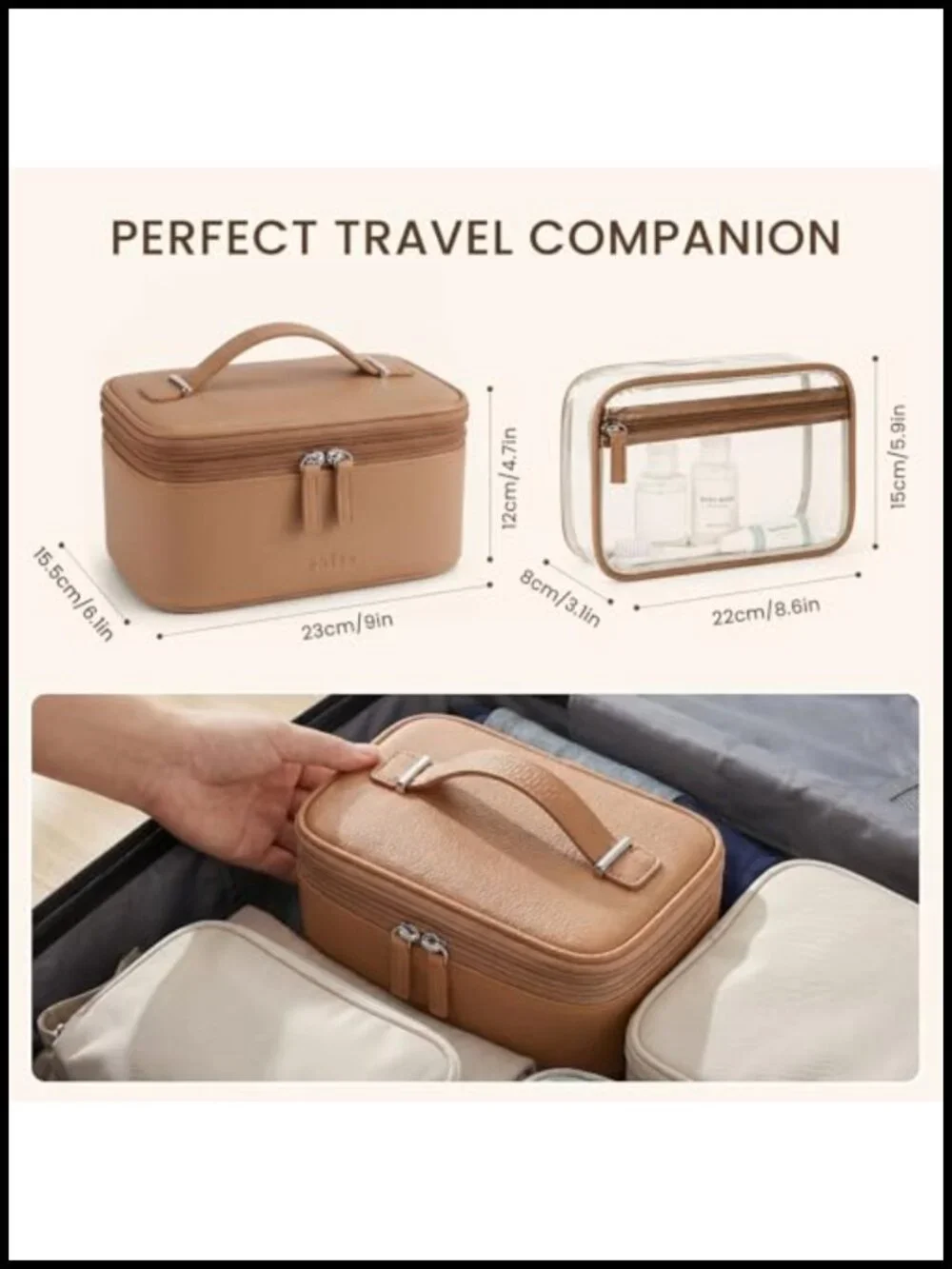 PU Leather Dual-Layer Makeup Bag Set with Clear Toiletry Pouch and Jewelry